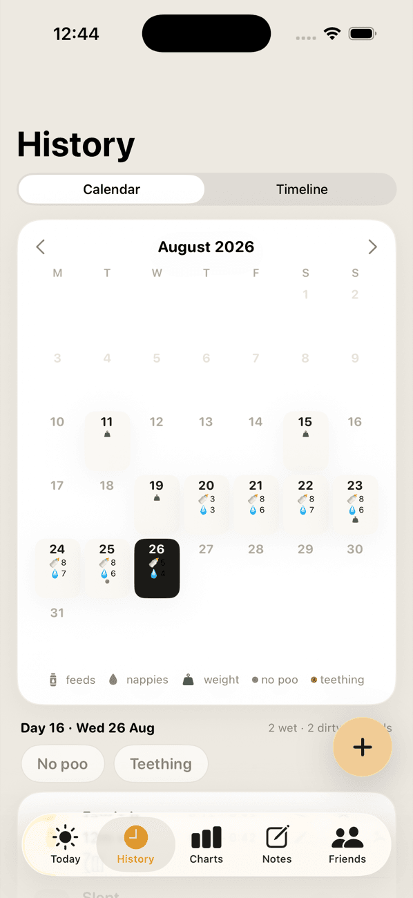 Calendar history of feeds, nappies and weights in the Beanlo app