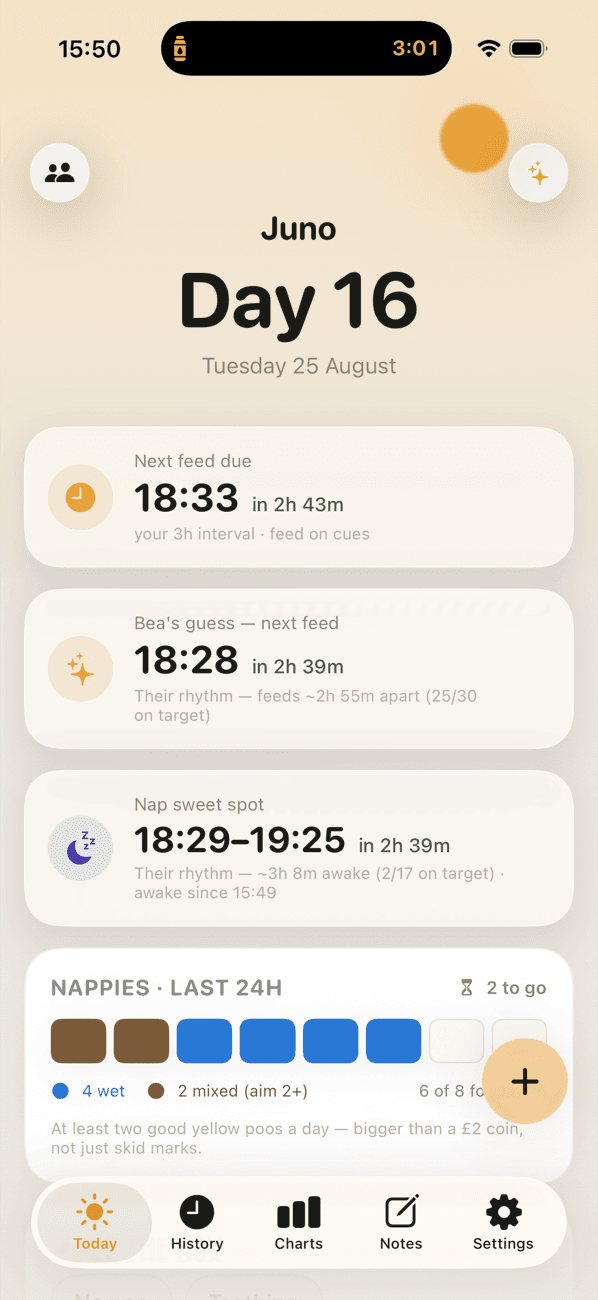 Beanlo's Today screen: next feed due, nap window and nappy count